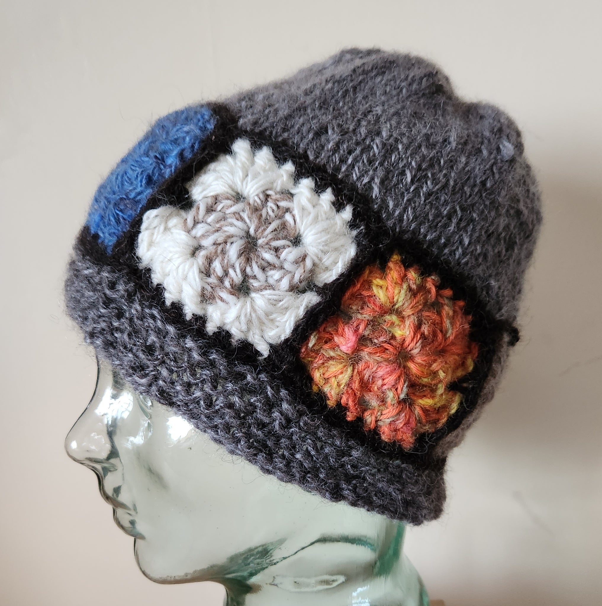 Garter St Band 100% wool handspun Hat with crochet trim .Medium Grey